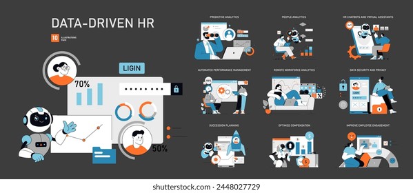 Data-Driven HR set Revolutionizing talent management with analytics Modern HR operations from predictive hiring to employee engagement Safe, efficient digital workflows Vector illustration