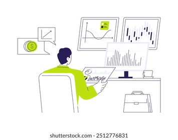 Estratégia de investimento orientada por dados conceito abstrato vetor ilustração. Analista de estatística lida com dados orientados estratégia de investimento de dinheiro, matemática ciência, obtenção de renda metáfora abstrata.