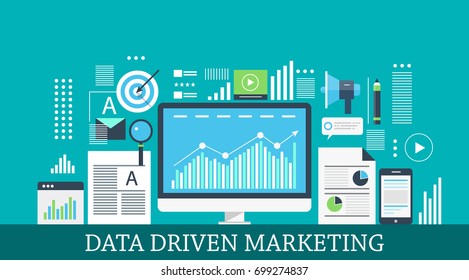 Data-driven Marketing, Digital Marketing Insights, Data Research And Analysis Flat Vector Illustration With Icons