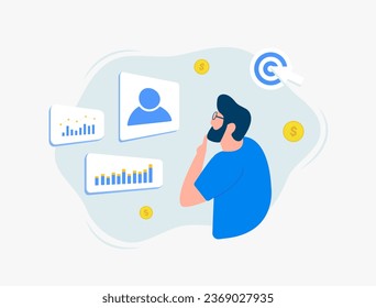 Data-driven marketing - using customer information to plan digital ads. Predicts needs and makes personalized data driven marketing strategies for better ROI. Isolated Vector illustration