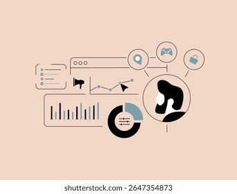 Data-driven personalization - marketers use customer data analysis for behavioral targeting. Data-driven personalization - product recommendation, personalized ad delivery. Linear vector illustration