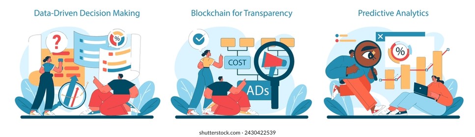 Data-driven, Predictive Analysis and Blockchain set. Utilizing big data for decisions, ensuring ad transparency, and leveraging predictive models. Flat vector illustration.