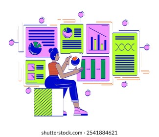 Concepto de ilustración de doodle de gestión de productos impulsado por datos. Analista de negocios con gráficos. Gerente de proyecto de la mujer afroamericana de dibujos animados 2D personaje aislado en blanco. Dibujado a mano Vector dibujo