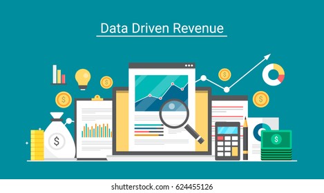 Data-driven revenue, marketing, lead generation, profit, business growth flat design vector concept with icons