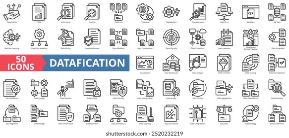 Datafication icon collection set. Containing information, analysis, data collection, processing, digitalization, and quantification icon. Simple line vector illustration.