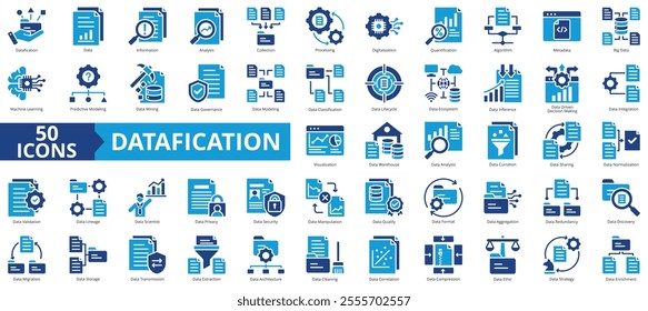 Datafication icon collection set. Containing information, analysis, data collection, processing, digitalization, and quantification icon. Simple flat vector illustration.