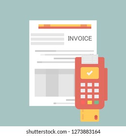 dataphone credit card document payment financial item icon. Invoice documents with credit card, terminal and pen. Vector illustration