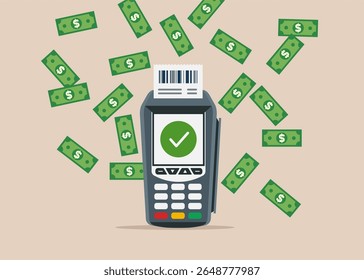 Dataphone electronic payment system and dollar money. Flat vector illustration