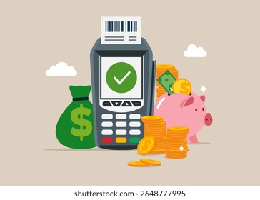 Dataphone electronic payment system and dollar money, piggy bank. Flat vector illustration