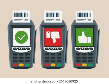 Dataphones with display a thumb down hand and up hand. Technology for business. POS terminals.  Flat vector illustration