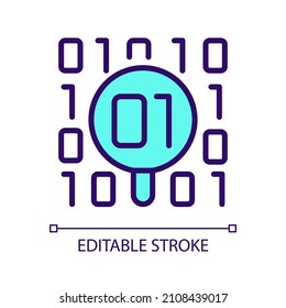 Dataset checkup RGB color pixel perfect icon. Looking for bugs in binary code. Data mining safety. Isolated vector illustration. Simple filled line drawing. Editable stroke. Arial font used