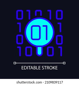 Dataset checkup RGB color pixel perfect icon for dark theme. Looking for bugs in binary code. Data mining safety. Simple filled line drawing on night mode background. Editable stroke. Arial font used