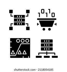 Dataset processing black glyph icons set on white space. Data mining and storage. Statistic information analyzing. Virtual technology for development. Silhouette symbols. Vector isolated illustration