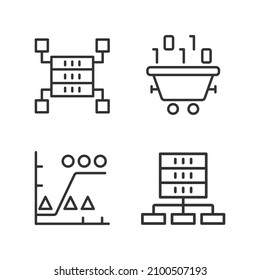 Dataset processing linear perfect pixel icons set. Data mining and storage. Statistic information analyzing. Customizable thin line contour symbols. Isolated vector outline illustrations