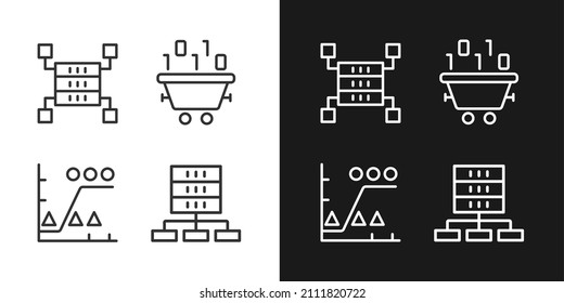 Dataset processing linear pixel perfect icons set for dark and light mode. Data mining and storage. Statistic information. Customizable thin line symbols. Isolated vector outline illustrations