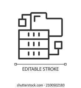 Dataset virtual storage linear pixel perfect icon. Digital warehousing. Thin line customizable illustration. Contour symbol. Vector isolated outline drawing. Editable stroke. Arial font used