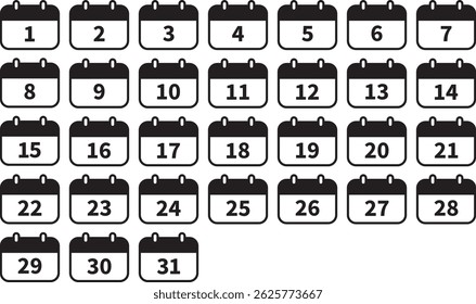 Date 1 to 31 numbers calendar style vector element icon. Event, schedule, holiday icon