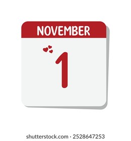 Date 1 November month calendar with red hearts and white background