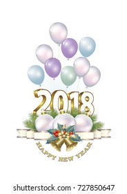 Date 2018 with balls and bells on the background of balloons. Vector illustration