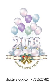 Date 2018 with balls and ribbon with a bells on the background of balloons. Vector illustration