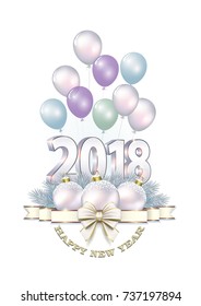 Date 2018 with balls and ribbon with a bow on the background of balloons. Vector illustration