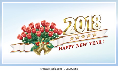 Date 2018 Happy New Year with a bouquet of roses and bells on a light background in 3d format .Vector illustration