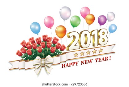 Date 2018 Happy New Year in 3d format and with bells on the background of balloons.Vector illustration