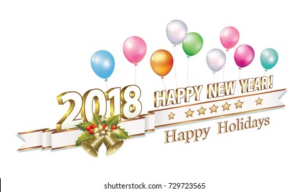 Date 2018 Happy New Year in 3d format and with bells on the background of balloons.Vector illustration