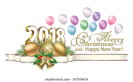Date 2018 Happy New Year with balls and bells on the background of  balloons. Vector illustration