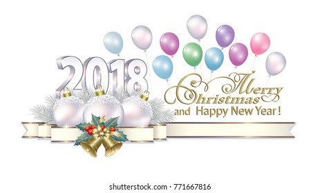 Date 2018 Happy New Year with balls and bells on the background of  balloons. Vector illustration