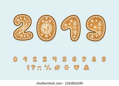 Date 2019 for New Year themes. Gingerbread font, Set of Numbers and punctuation marks