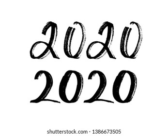 Date 2020 year, the year of the rat, drawn by hand. Black numbers on a white background.