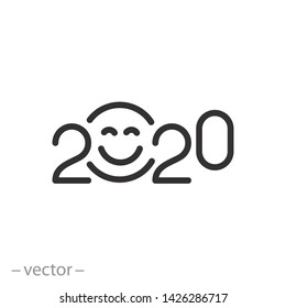 date 2020 year with smile face icon, linear sign isolated on white background - editable vector illustration eps10