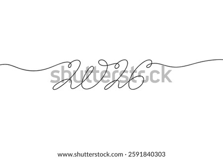 The date 2026 is written manually in capital letters in one continuous line on a white background, vector illustration. Black and white graphic design element, calendar, poster, banner. Next New Year