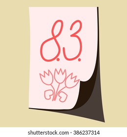 Date 8 March awkwardly written by hand on a sheet of paper on yellow wall.