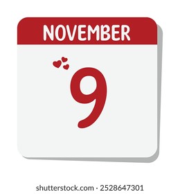 Date 9 November month calendar with red hearts and white background