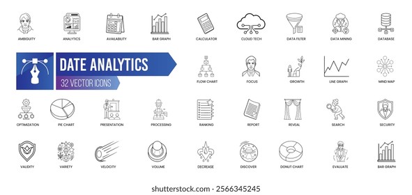 DATE ANALYTICS - Outline Icon Collection. Thin Line Set contains such Icons as Ambiguity, Analytics, Availability, Bar Graph, Calculator, Cloud Tech and more. Simple web icons set.