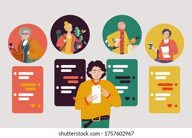 Date application, boy hold smartphone in hand, vector illustration. Communication app for dating and find couple in internet. Online girl profile at phone screen, love service in social media.