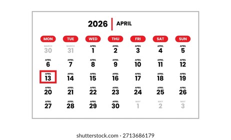 The date April 13th, 2026 marked with a red cursor on the wall