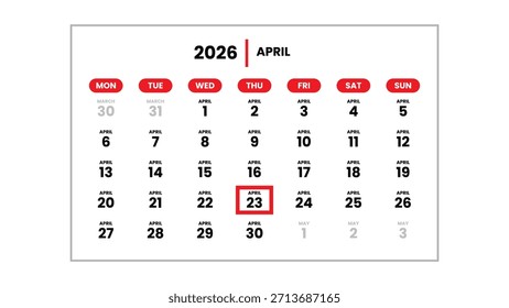 A data 23 de abril de 2026 marcada com um cursor vermelho na parede