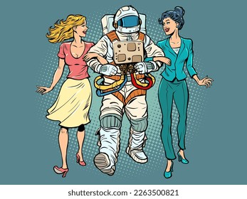 Date. A astronaut with two girls. Unconventional marriage. Friends are walking. Pop Art Retro Vector Illustration 50s 60s Style Kitsch Vintage Drawing