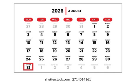 La fecha del 31 de agosto de 2026 marcada con un cursor rojo en la pared