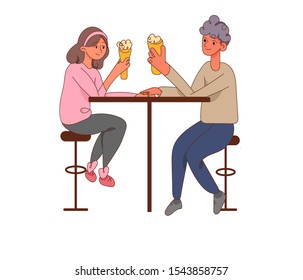 Date at the bar. Girl and guy with a beer. romantic evening. Stock vector illustration. Valentine's day card. Wind flat illustration for print and web design.
White background
