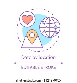 Date by location concept icon. Online dating app search feature idea thin line illustration. Navigation map with pinpoint. Global love, romance search. Vector isolated outline drawing. Editable stroke
