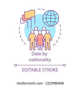 Date by nationality concept icon. Ethnic matchmaking. Find love by national origin idea thin line illustration. Same race, ethnicity online dating. Vector isolated outline drawing. Editable stroke