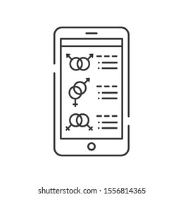 Date by orientation on smartphone screen black line icon. Gay, lesbian, heterosexual dating element.