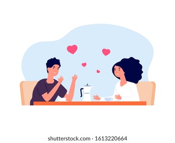 Date in cafe. Friends drinking coffee, conversation girl and man. People talking on business lunch. Couple in love vector illustration