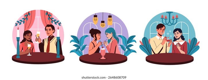 Date in cafe set. Happy young couple at romantic meeting with champagne. Two girls drink milky cocktail. Man gives woman ring. Flat vector collection isolated on white background