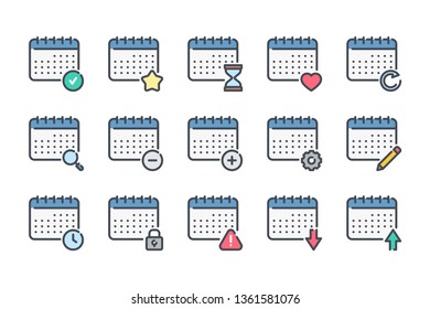 Date and Calendar notifications related color line icon set. Planner and Schedule outline vector icons.