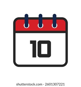 Date calendar, calendar red and white date and year, vector icon, Calendar in flat style. Blank Calendar Template. Stationery Design. 10